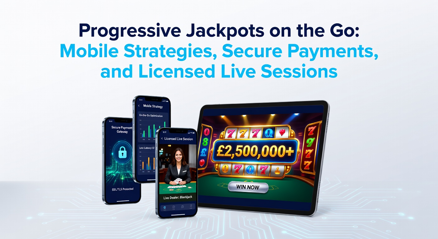 Smartphone mit progressivem Jackpot-Symbol und mobiler Casino-App im Vordergrund, umgeben von Grafiken zu Strategien und Zahlungen