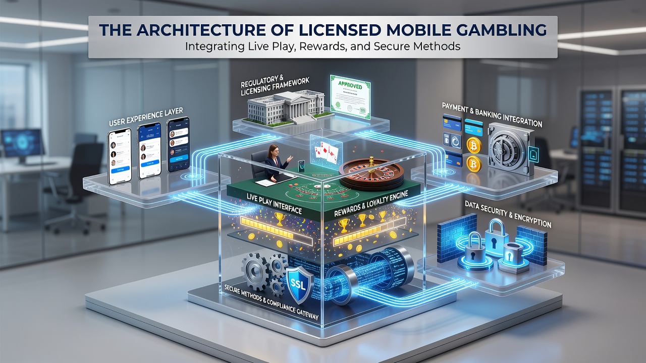 Darstellung der Integration von Live-Play, Belohnungen und sicheren Zahlungsmethoden in mobilen Systemen