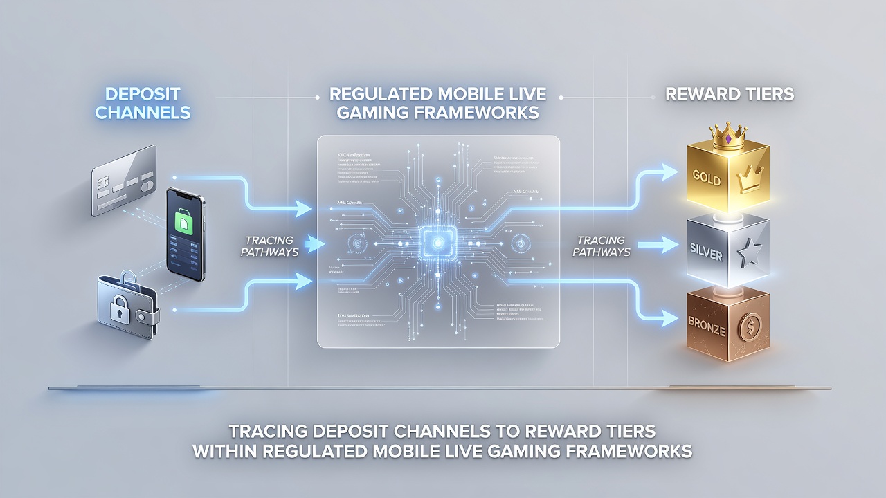 Illustration von Live-Gaming-Sessions und gestaffelten Belohnungssystemen auf mobilen Geräten